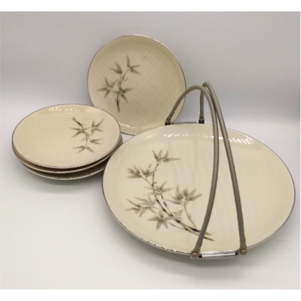 Vtg Seyei China-1552 Bamboo Garden-Handled Server & Tea Plates
